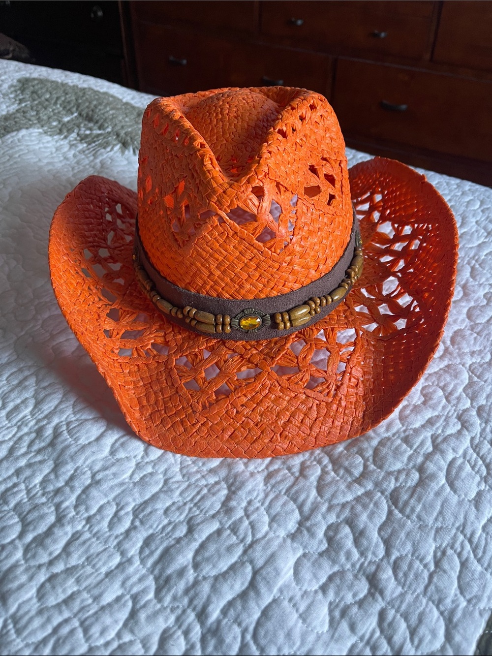 Stylish Orange Straw Cowboy Hat with Beaded Accent